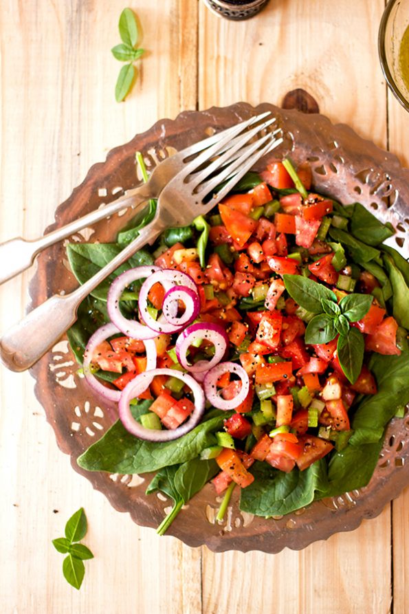 Celery Tomato and Spinach Chopped Salad with Basil Vinaigrette