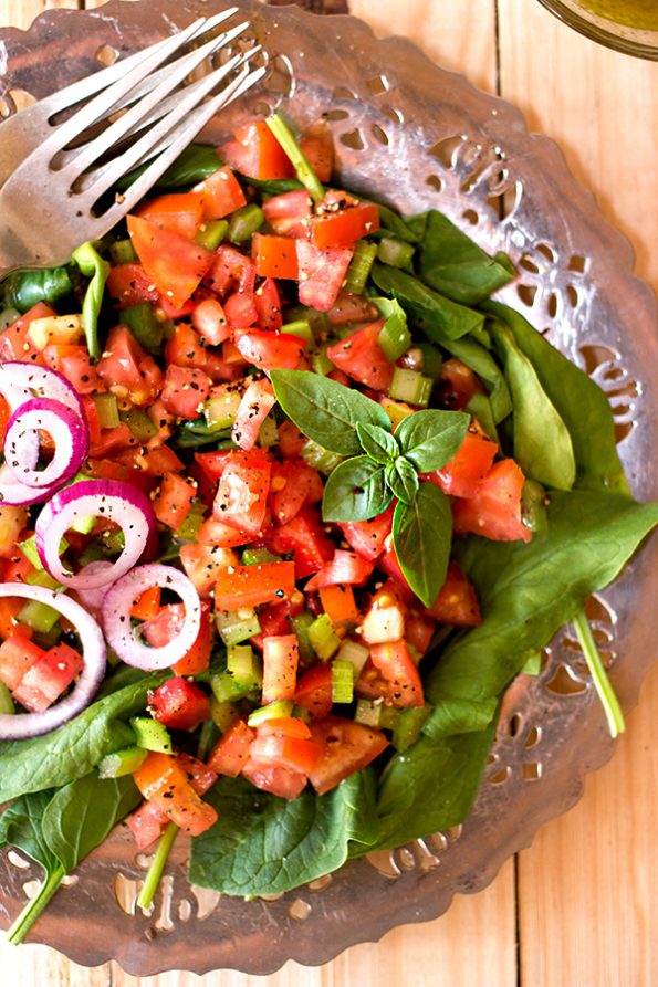 Celery Tomato and Spinach Chopped Salad with Basil Vinaigrette