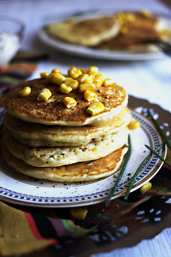 Corn and Chive Pancakes with Black Pepper Creme Fraiche - aninas recipes